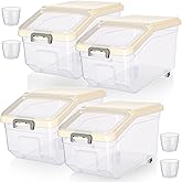 Sunnyray 4 Pcs Rice Storage Containers Bulk Flour Sugar Container Wheels Measuring Cups Set Airtight Pet Dog Cat Birds Food Bin Grain Cereal Organizer Box for Dry Baking(Beige,22 lb)