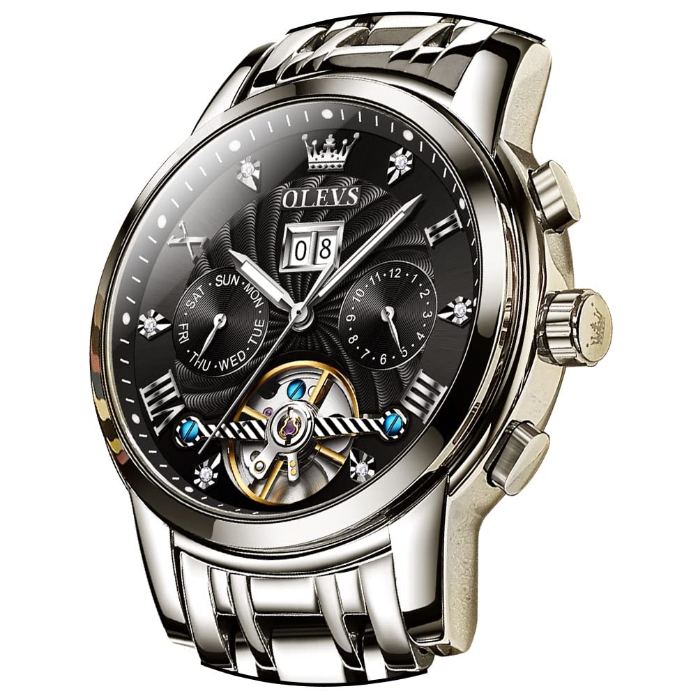 OLEVS Men Automatic Watch Skeleton 5 Hands Mechanical Classic Luxury Multi Calendar Stainless Steel Waterproof Wrist Watch for Men