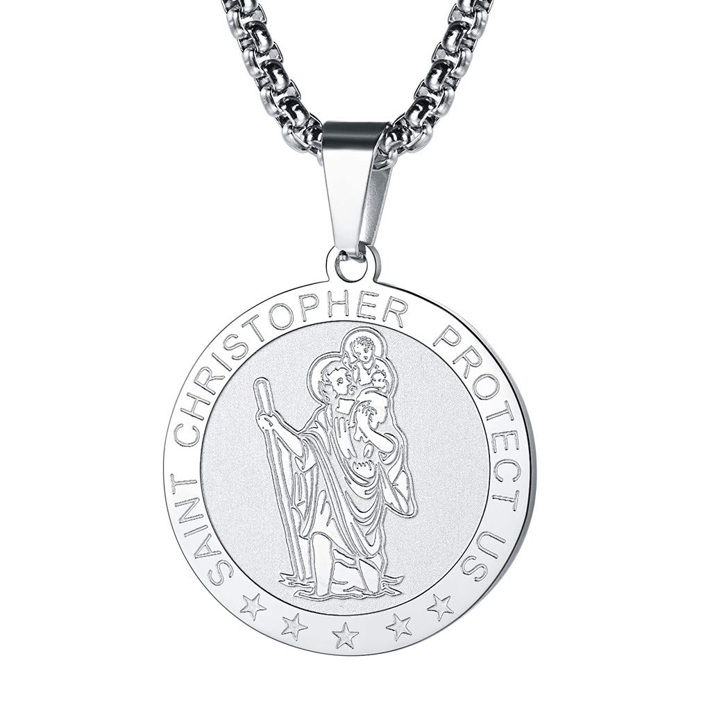 FaithHeart St Christopher Necklace for Men Protective Jewellery Childrens Saint Christopher Pendant with Sturdy Chain Stainless Steel Catholic Necklaces Womens Gifts for Birthday