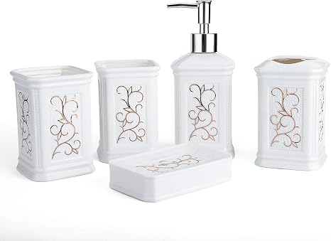 Amazon Com Longhang 5 Piece White Porcelain Ceramic Bathroom Accessories Set Bath Decor Includes Liquid Soap Or Lotion Dispenser Pump Toothbrush Holder Tumbler And Soap Dish Ideas Home Gift Home Kitchen