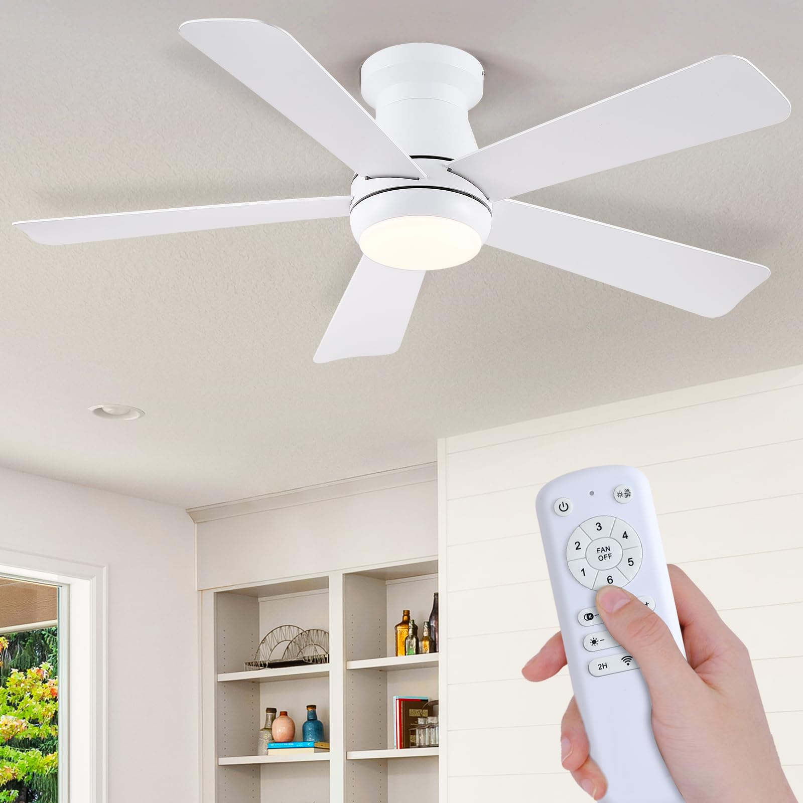 Photo 1 of **FACTORY SEALED** Hounberi Ceiling Fan with Ligth,46 Inch Modern Flush Mount Ceiling Fan with Light 6 Speed Reversible Quiet DC Motor,3CCT Dimmable LED,Timer,Low Profile Ceiling Fans for Bedroom,Indoor White