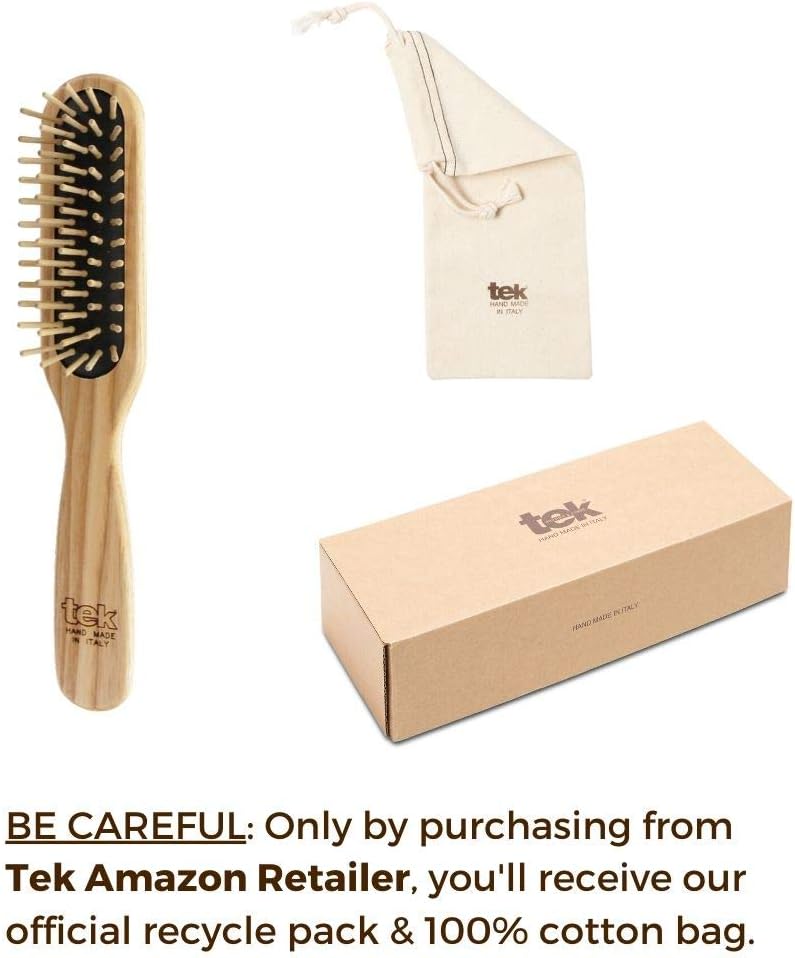 TEK - Rectangular Brush with Short Tooth in Ash Wood Handmade in Italy, for Short Hair - 22 x 4 cm, Light Brown - Image 5