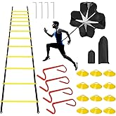 YEXEXINM Professional Agility Ladder Speed Training Equipment Set-20ft Agility Ladder,12 Soccer Cones, 4 Agility Hurdles, Running Parachute, Suitable for Soccer Football Basketball Training