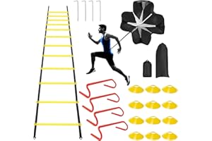 YEXEXINM Professional Agility Ladder Speed Training Equipment Set-20ft Agility Ladder,12 Soccer Cones, 4 Agility Hurdles, Running Parachute, Suitable for Soccer Football Basketball Training