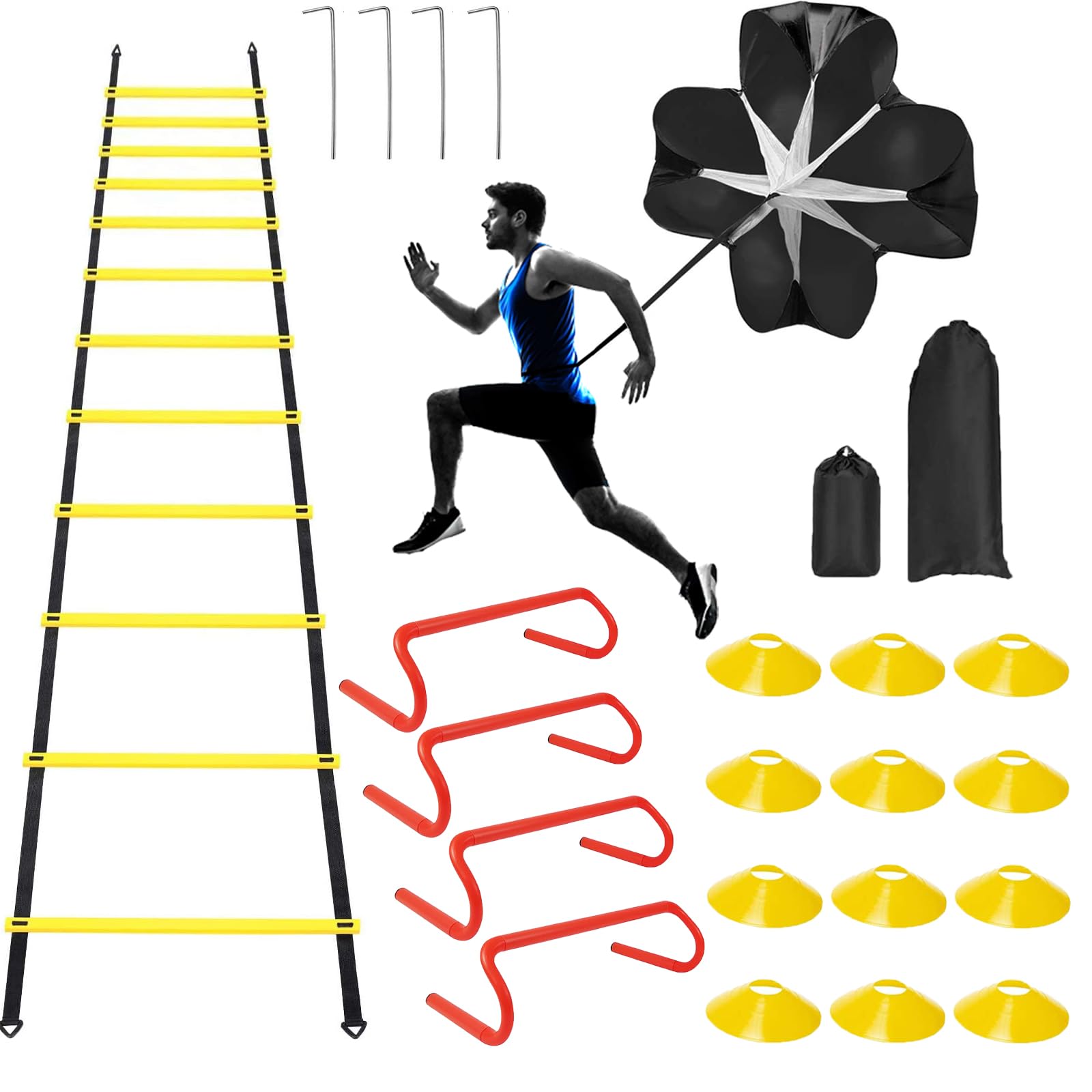 Photo 1 of YEXEXINM Professional Agility Ladder Speed Training Equipment Set-20ft Agility Ladder,12 Soccer Cones, 4 Agility Hurdles, Running Parachute, Suitable for Soccer Football Basketball Training