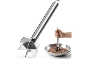 Stainless Steel Meat Masher, 6 Blade Ground Beef Chopper Tool 10.8Inch Potato Masher with Handle, Potato Masher Hamburger Sma