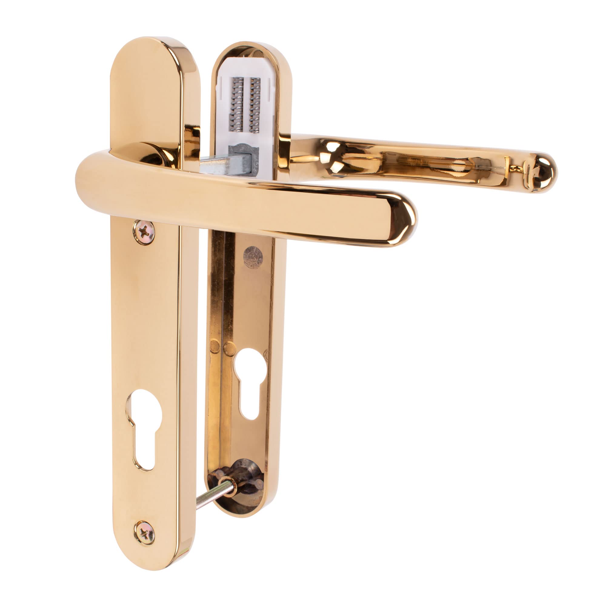 JCP PRO uPVC Door Handle Pair Set Sprung 92 PZ 92mm, Backplate 212mm x 34mm (122mm Screw Centres, Polished Gold) — image 1
