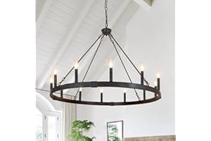 Rviezza Black Wagon Wheel Chandelier 38 inch, 12-Light Black Round Industrial Farmhouse Chandeliers for High Ceilings Dining Room Living Room Foyer Entryway Outdoor Porch