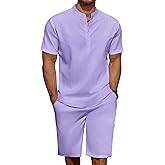 COOFANDY Men's 2 Pieces Linen Set Casual Henley Shirts Short Sleeve Beach Yoga Shorts Summer Pants Outfits