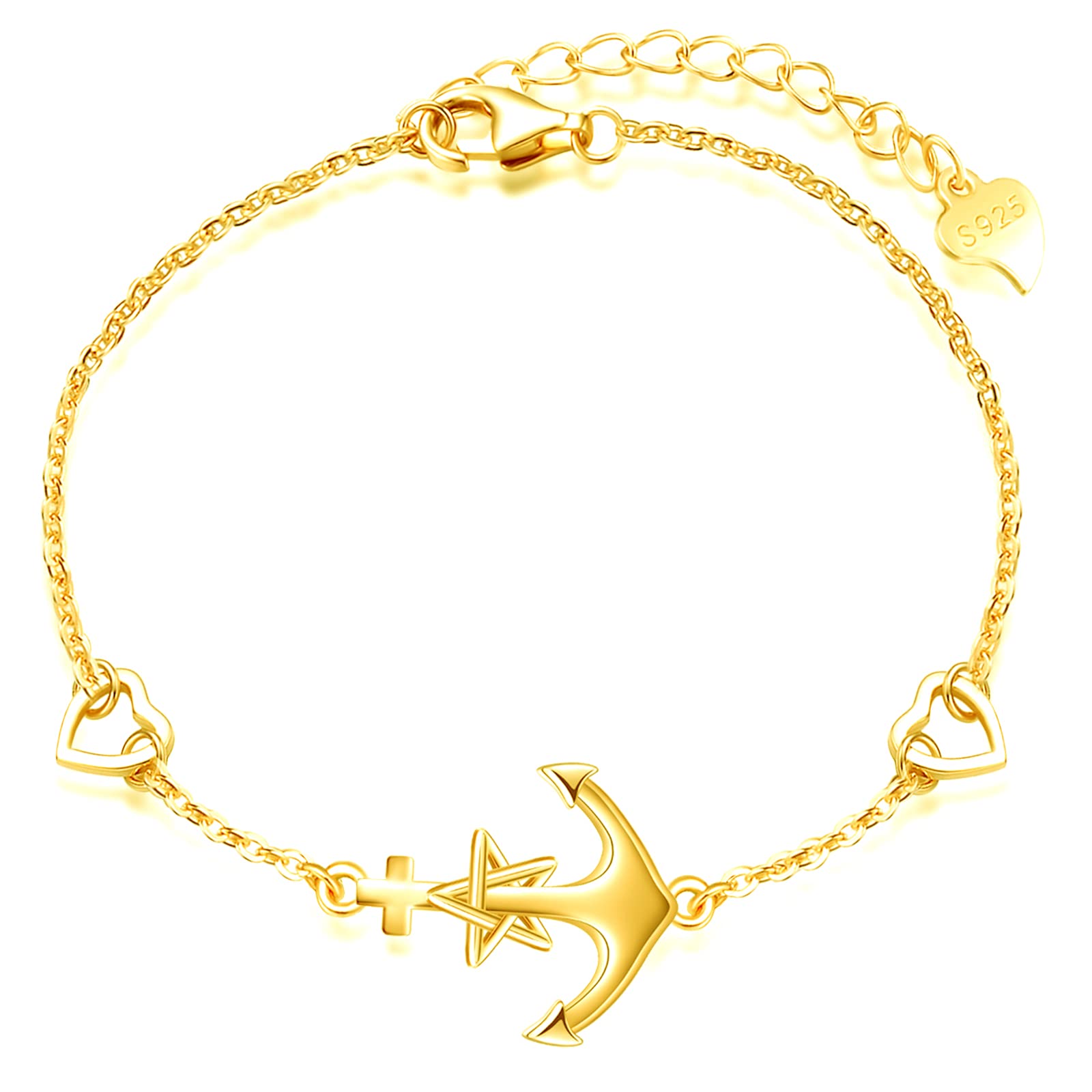 MicLee Bracelet elegant for womens and girls, 925 sterling silver bracelets, Classic anchor-star bracelet, link with mini heart, symbol of courage, protection and strength, adjustable chain, gold