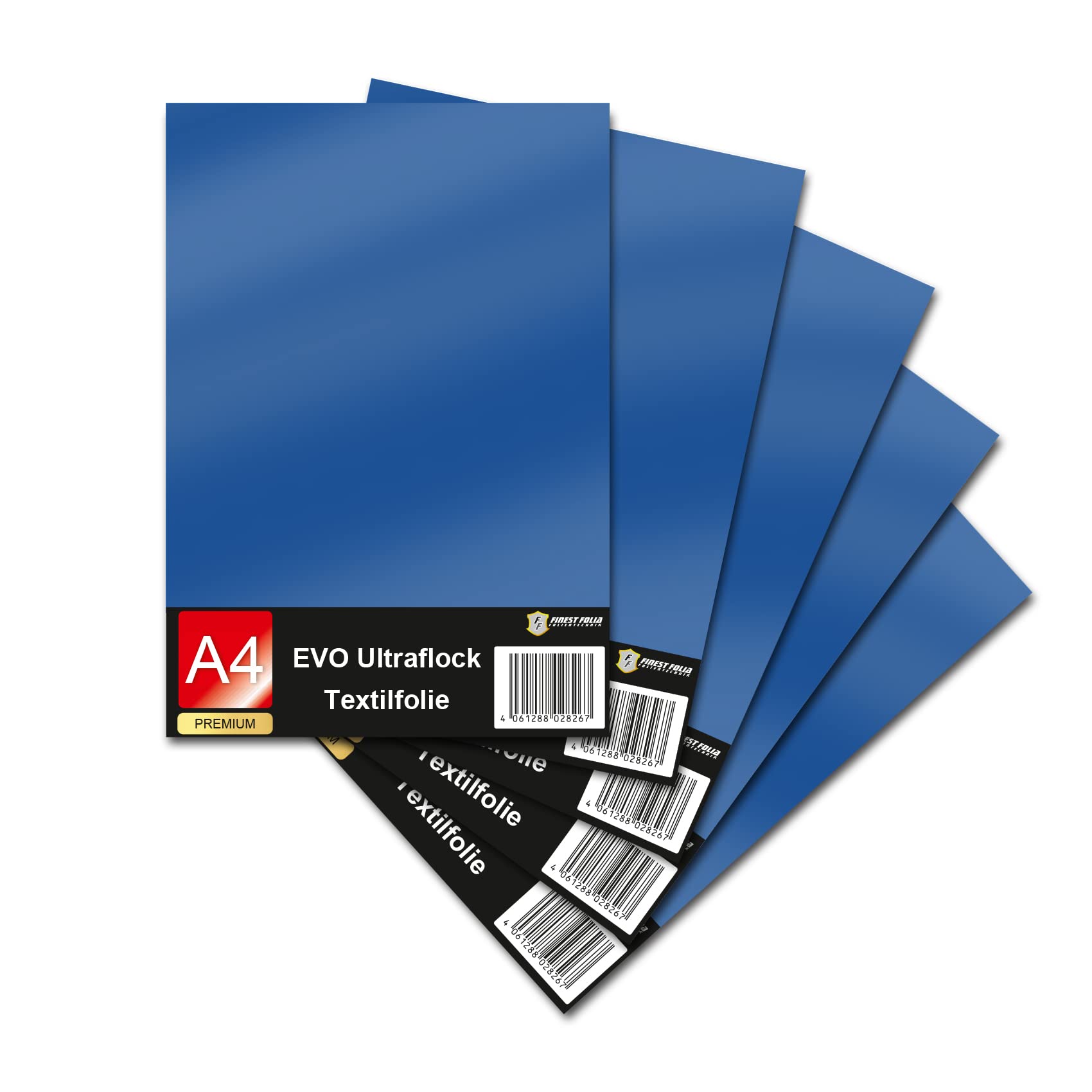 Evo Ultraflock Textile Film for Plotter 33 Colours Flock Film in DIN A4 Format 30 x 20 cm Plotter Film for Fabric Clothing T-Shirt Flock Film Accessories (Set of 5, 019 Royal Blue)