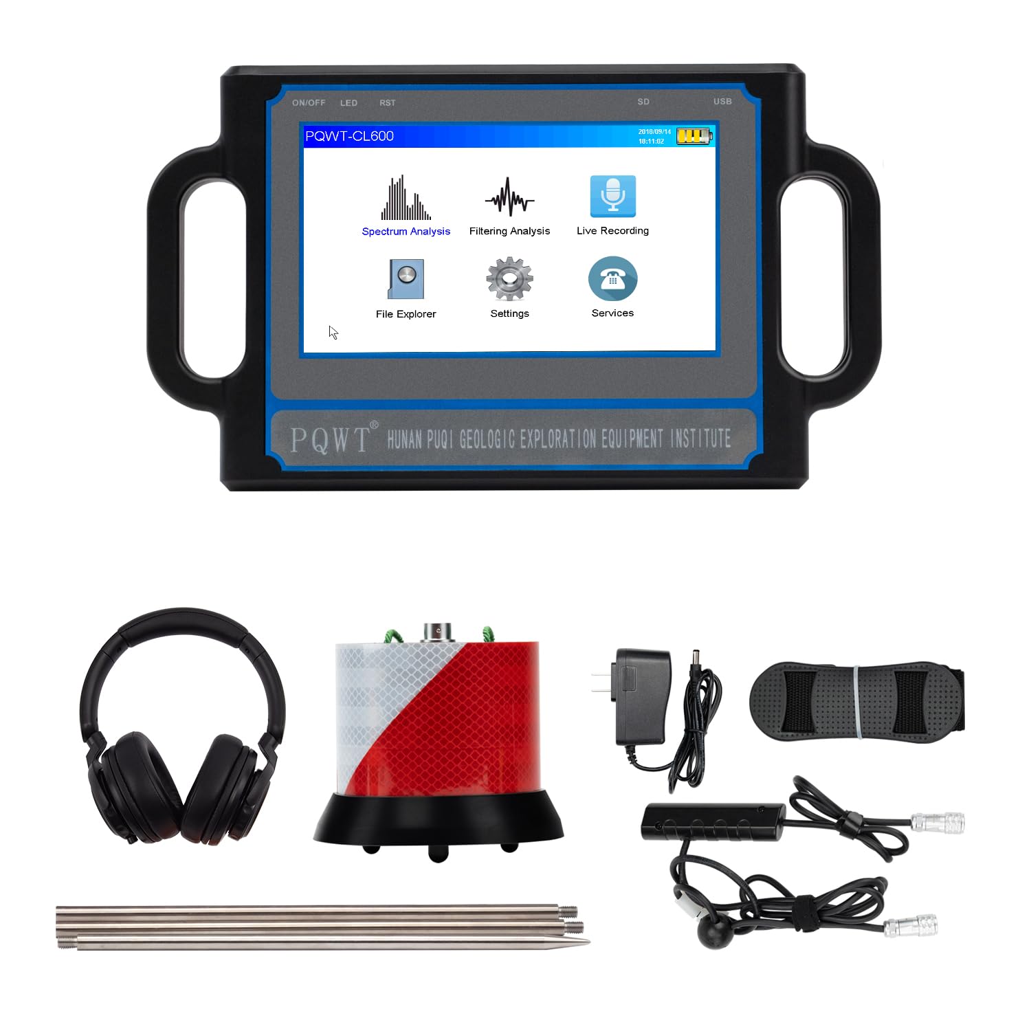 PQWT CL200 Detectores de fugas de agua para el hogar y la pared exterior Detector de tuberías de agua Kit de detección de fugas de tuberías acústicas Sensor profesional Reducción de ruido Auriculares Pantalla táctil LCD Estuche de transporte 2 metros