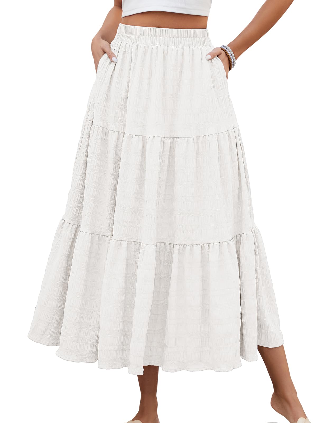 Photo 1 of HUSKARY Women's Spring Summer Trendy Smock Long Tiered Maxi Skirt High Waisted Loose Flowy Flared Skirts,White,Large