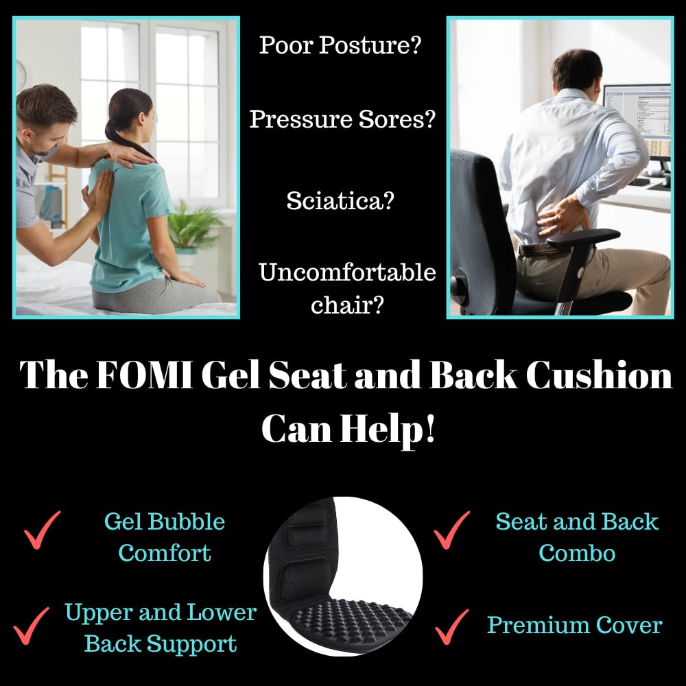 FOMI Premium Gel Cushion and Firm Back Support | Seat Cushion Pad and Upper Lower Thoracic and Lumbar Pillow for Car, Office Chair | Pressure Sore, Coccyx Pain Relief | Posture Aid (Bubble Gel)