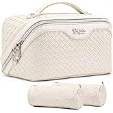 BOYATU Travel Makeup Bag Cosmetic Bags for Women: Large Capacity 3 Pcs Set Make up Bag with Compartments - Waterproof Vegan Leather Toiletry Organizer Bags with Handle (L09 Beige)
