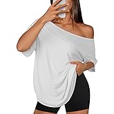 ATHMILE Off The Shoulder Tops for Women 2026 Y2K Loose Fit Tops Oversized Tshirts Fashion Going Out Outfits Casual Basic Tees