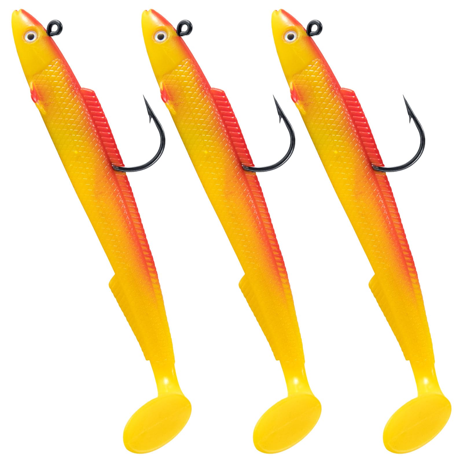 Alwonder 3pcs Sandeel Fishing Lures 15cm/30g Jig Head Soft Lure with Paddle-Tail Swimbait Pre-Rigged Fishing Lure Tackle for Predators Bass Pike Trout Perch Orange