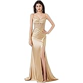 EZ2BUYEZ Sleeveless Fitted Formal Dress for Women, Bead Embroidered Spaghetti Strap Maxi Dress, Front-Split Hem, Evening Party Gown, Champagne, Medium