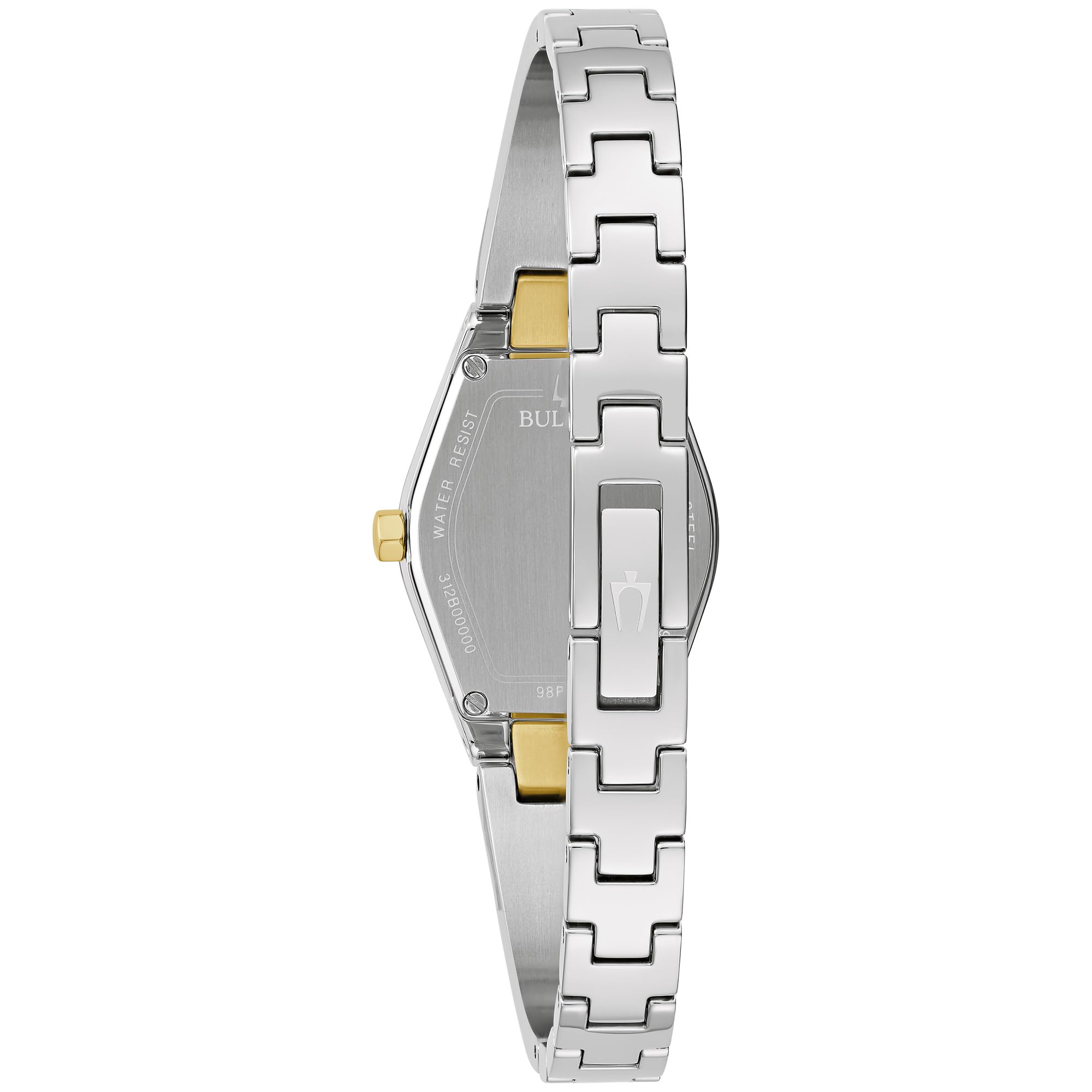 Bulova Ladies Modern Gemini Diamond Silver and Gold Stainless Steel Watch,Tonneau Shape Blue Dial, Model: 98P218
