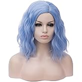 BUFASHION 14" Women Short Light Pink Kinky Straight Cosplay Synthetic Wigs With Air Bangs 46 Colors Available (Light Blue)