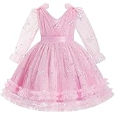 AWIBMK Embroidery Flower Girl Dress Mesh Long Sleeve Wedding Party Birthday Princess Tulle Tutu Dress Prom Evening Gown Pink Sequin Snowflake 5-6 Years