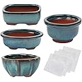 kilofly Happy Bonsai Mini Glazed Pots Value Set of 4, with 4 Soft Mesh Drainage Screens