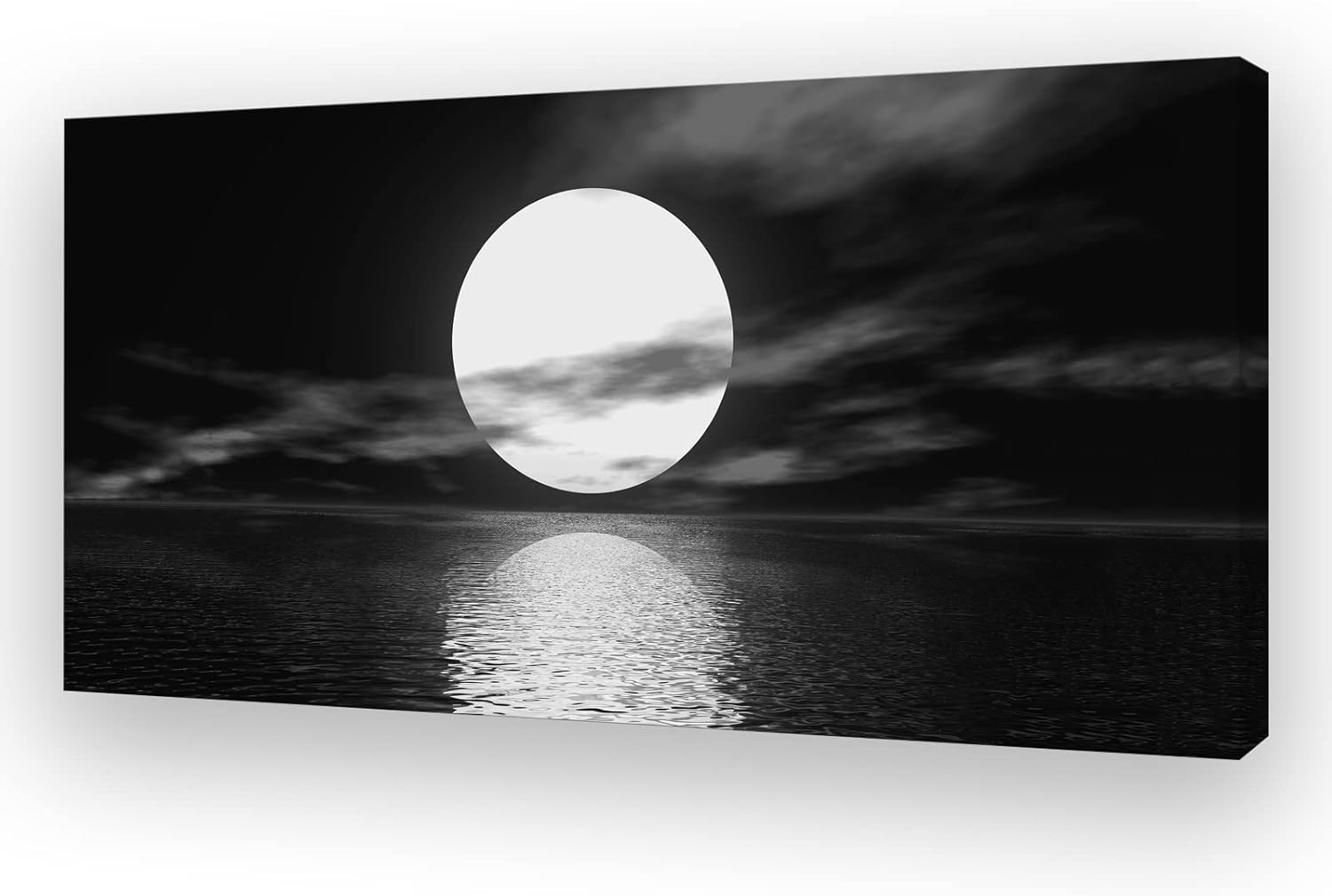 Posters & Prints - Cao Gen Decor Art S06450 Wall Art Canvas Sea White Full Moon in Night Picture Canvas Poster Print Black and White Ocean for Living Room Bedroom Kitchen Home Decorations Framed Artwork