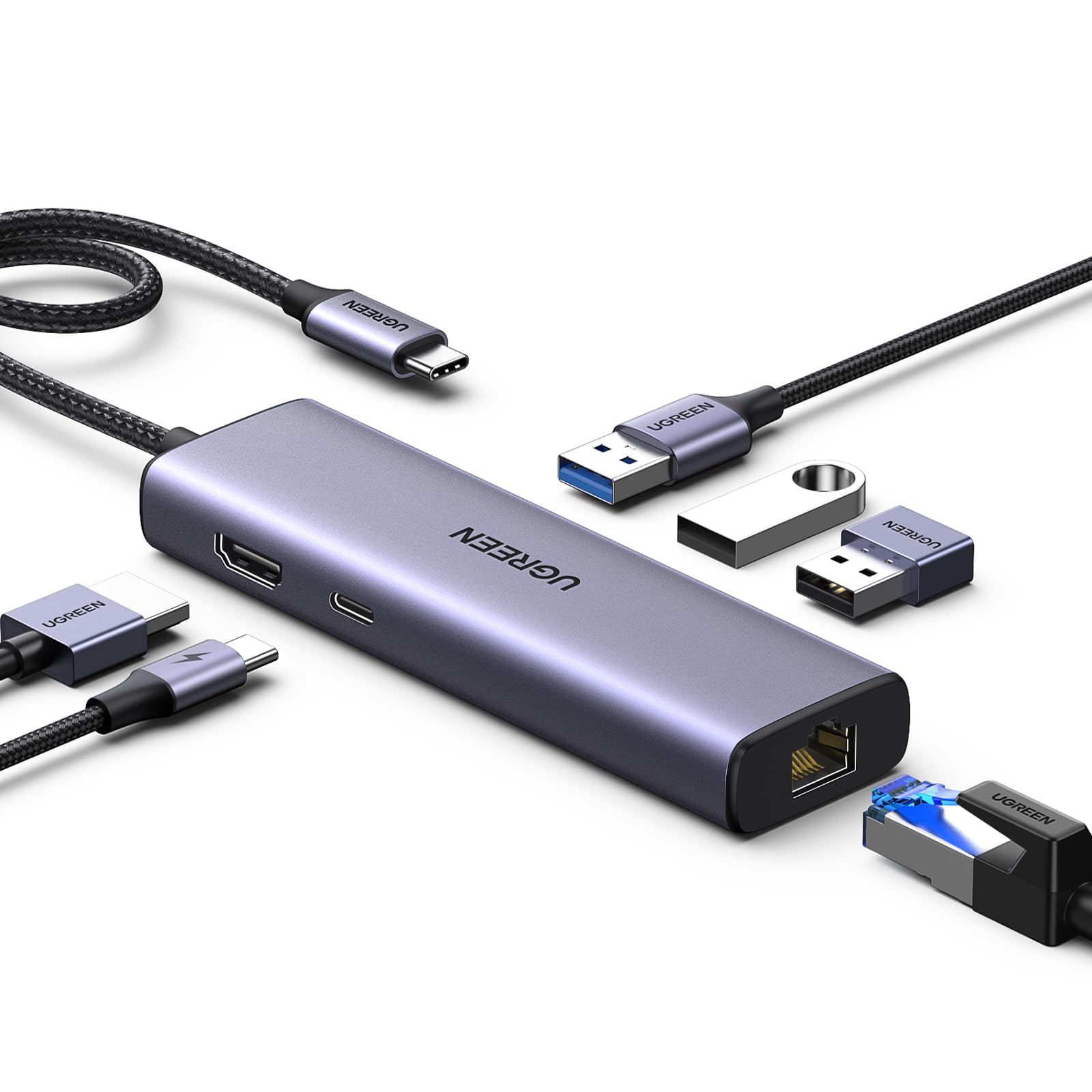 UGREEN Revodok 1061 USB-Cハブ 6-IN-1 4K@30Hz HDMI出力 Type-Cアダプター 4K HDMI 100W Power Delivery急速充電 ギガビットイーサネット LAN ポート 3*USB 3.0ポート Windows; linux; MAC;iPad;Androidシステム対応;Surface Dell MacBook Air M1 M2商品画像