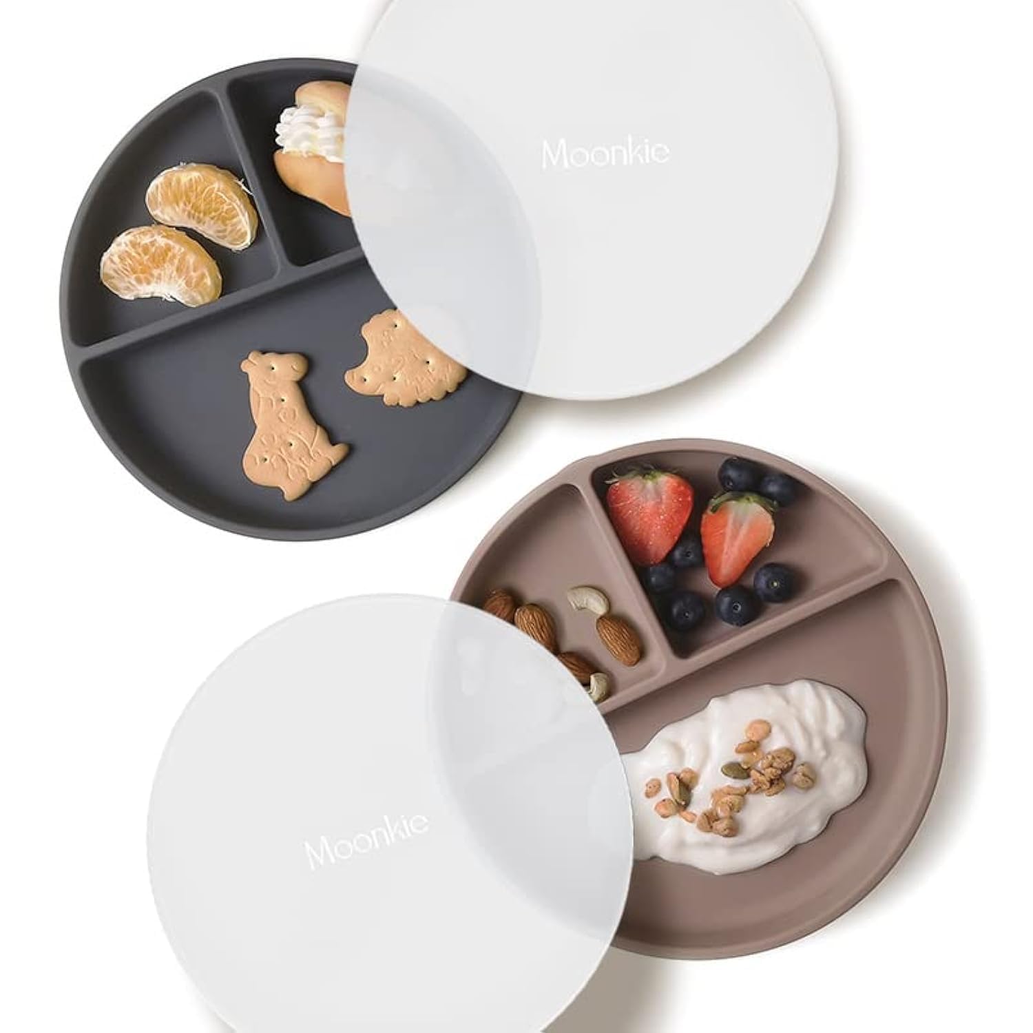 Moonkie Suction Plates for Babies & Toddlers | BPA-Free Weaning Plate with Lid | Silicone Divided Plate | Microwave and Dishwasher Safe - 2 Pack (Warm Taupe/Dark Grey)