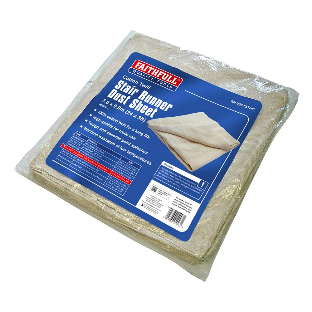 Faithfull Cotton Twill Dust Sheet Stair Runner 7m x 0.9m (24ft x 3ft) – 100% Cotton Reusable Dust Cover, Absorbent & Machine Washable Stair & Corridor Protection for Painting & Decorating