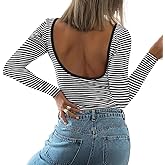 POHADON Women Sexy Backless Long Sleeve Striped Shirt Y2K Clothes Slim Fit Open Back Going Out Tees Trendy Crop Tops