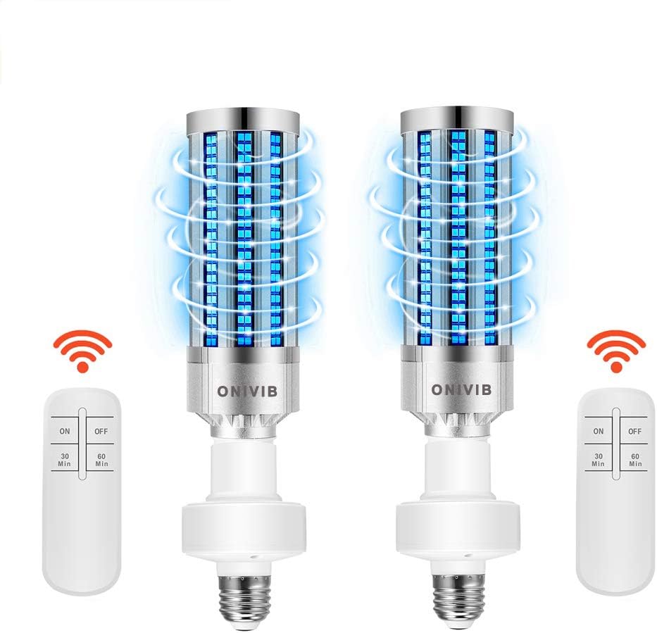 ONIVIB UV Disinfection Light Germicidal Lamp LED Sanitizer Ultraviolet UV Bulb 60W 220V E27 Base Smart Remote Control Kit with Timer 30/60Min Ozone Free(2-Pack)