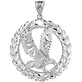Animal Kingdom .925 Sterling Silver 2-1/3" Patriotic USA American Eagle with Olive Wreath Peace Round Pendant Necklace - Choice of Chain Length