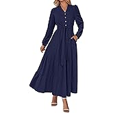 PRETTYGARDEN Maxi Dresses for Women Spring Long Sleeve V Neck Belted A Line Flowy Boho Wedding Guest Dress Pockets