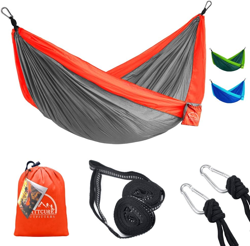 LATTCURE hammock made of parachute nylon ultralight with carrying strap and snap hook owns TÜV Rheinland certificate carrying capacity up to 300 KG garden travel camping hammock (grey)