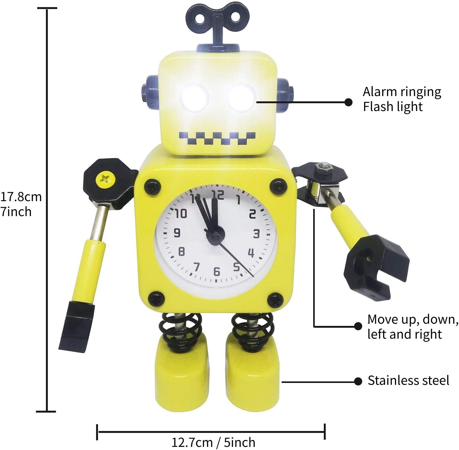 Diskary Robot Alarm Clock,Stainless Metal Non-Ticking Wake-up Clock with Flashing Eye Lights and Rotating Arm,Gift to Children (Yellow) - Image 3