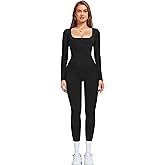 OLCHEE Womens Long Sleeve Workout Jumpsuit Square Neck Ribbed Seamless Yoga Romper Sexy Bodycon Tummy Control Unitard Onesie