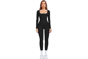 OLCHEE Womens Long Sleeve Workout Jumpsuit Square Neck Ribbed Seamless Yoga Romper Sexy Bodycon Tummy Control Unitard Onesie