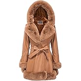 GRAN ORIENTE Women's Faux Leather Jacket with Faux Fur Collar, Winter Long Sleeve Furry Trim Peplum Parka Coat with Belt
