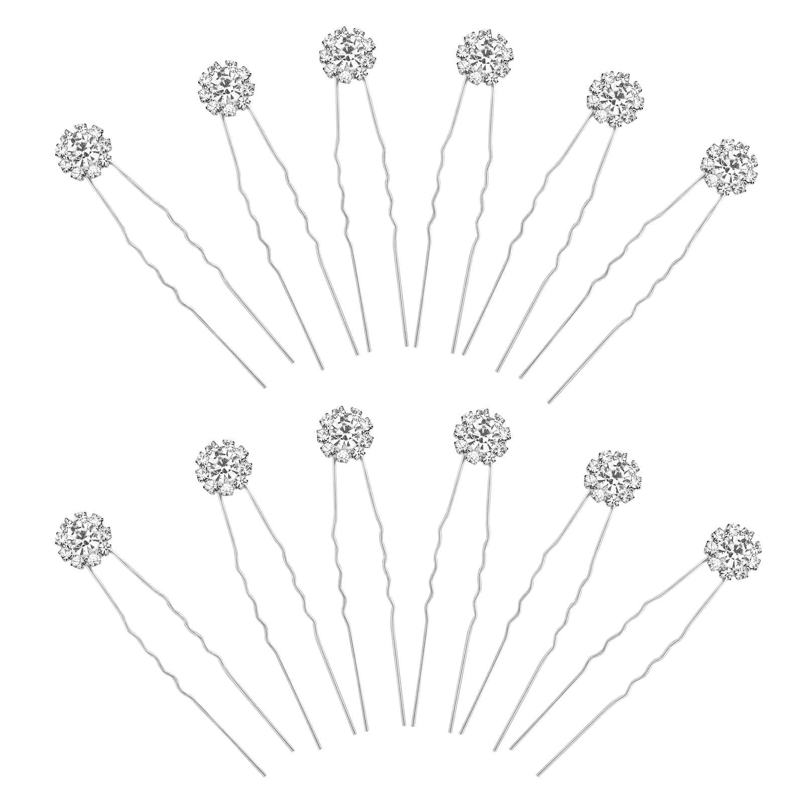 KINBOM 12pcs Rhinestone Wedding Hair Pins, U Shaped Hair Pins Crystal Flower Hair Bobby Pins Wedding Hair Accessories for Brides Bridesmaids (Silver)