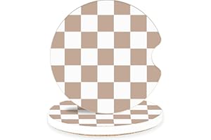 LETHOOLY Brown Checkerboard Ceramic Car Coasters – Absorbent Car Cup Holder Coaster Set for Aesthetic Car Interior, Retro Neutral Car Accessories, 2 Pack