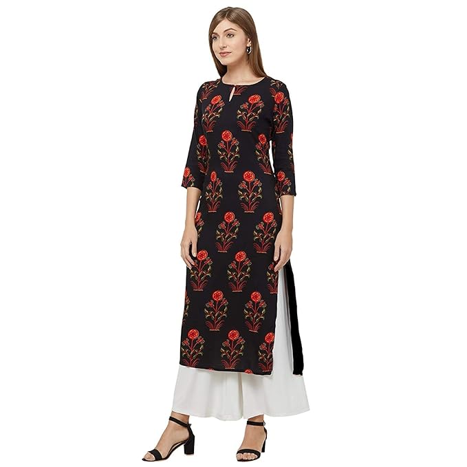 Women's Black Color Crepe Floral Print Straight Calf Length Kurti(Krishna Black_Free Size)