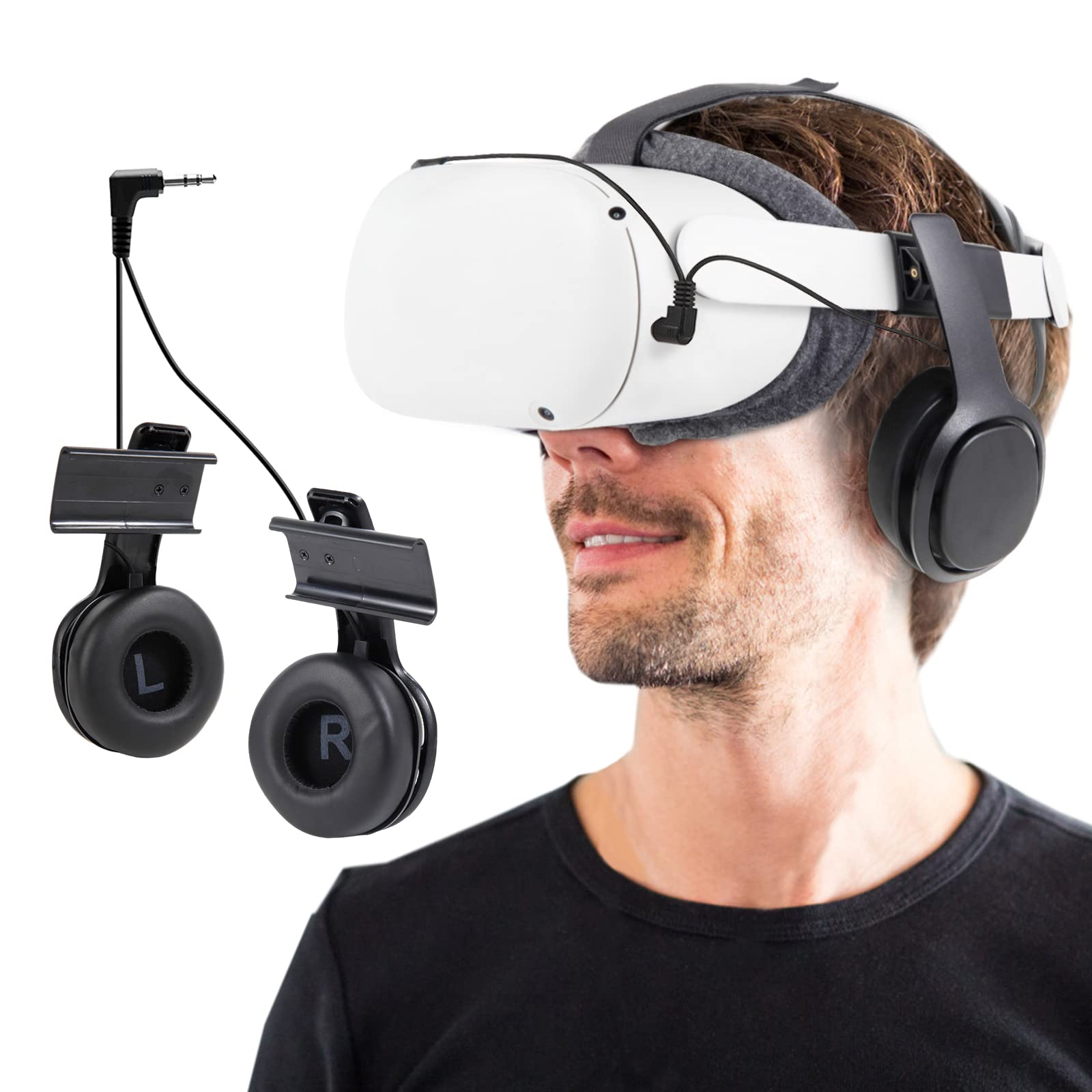 Stereo VR Headphones Custom Made for Quest 2 Elite Head Strap & Original Head Strap-On Ear Deep Bass 3D 360 Degree Sound (Black)