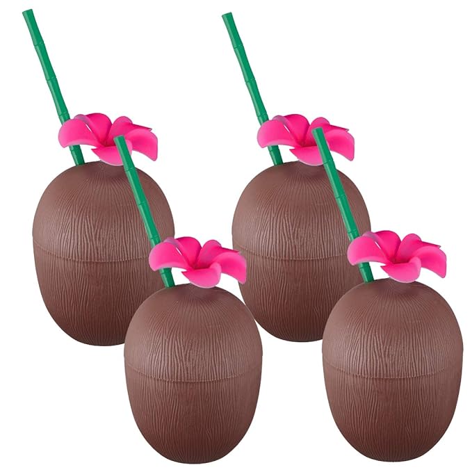 Bada Bing 4er Set Trinkbecher Kokosnuss Mit Deckel und Strohhalm Becher Für Kinder und Erwachsene Tiki Bar Hawaii 71