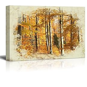 Canvas Print Landscape Wall Art - Autumn Scenery in The Beech Forest on a Sunny October Morning - Gallery Wrap Modern Home Art | Ready to Hang -12x18 inches