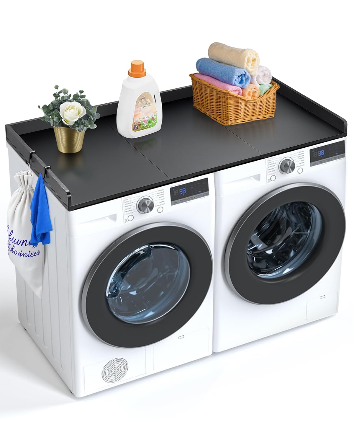 Photo 1 of ***************HAS MINOR DAMAGE*****************
VEVOR Washer Dryer Countertop with 3 Splicing Panels, 54" x 27" Wooden Laundry Countertop with 2 Hooks & Non-Slip Pads, Water-Resistant Laundry Topper for Laundry Room Organization and Storage, Black