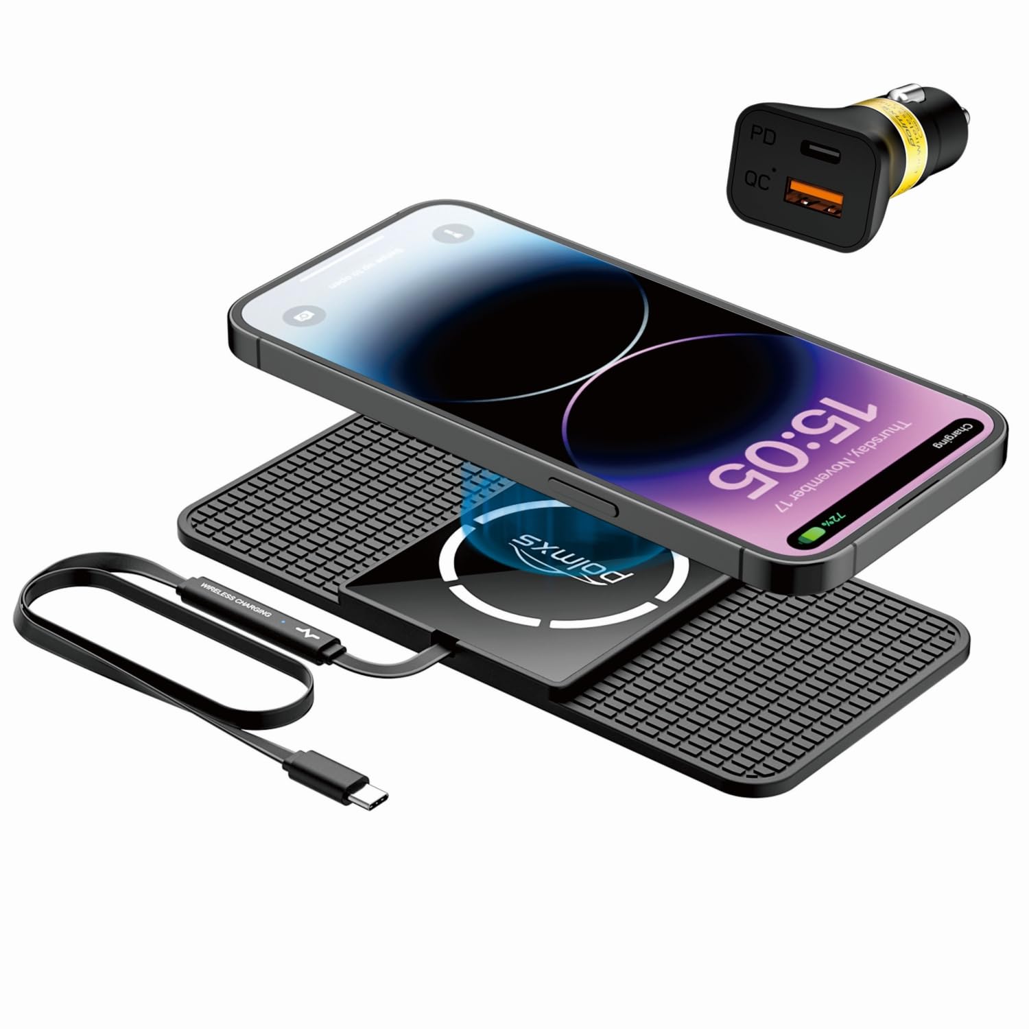 Magnetic Wireless Car Charger Pad, Polmxs 15W Compatible with Magsafe Car Charger Non Slip Type C Wireless Charging Pad with 40W Car Charger for iPhone 17/16/15/14/13/12, Airpods (1 Meter Cable)