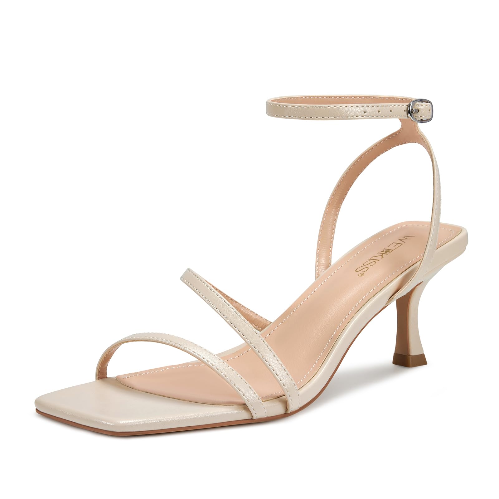 Photo 1 of wetkiss Beige Heels for Women Cream Kitten Heels Strappy Woman Sandals Low Heeled Sandal Cute Strappy Square Toe, Beige, Size 7.5