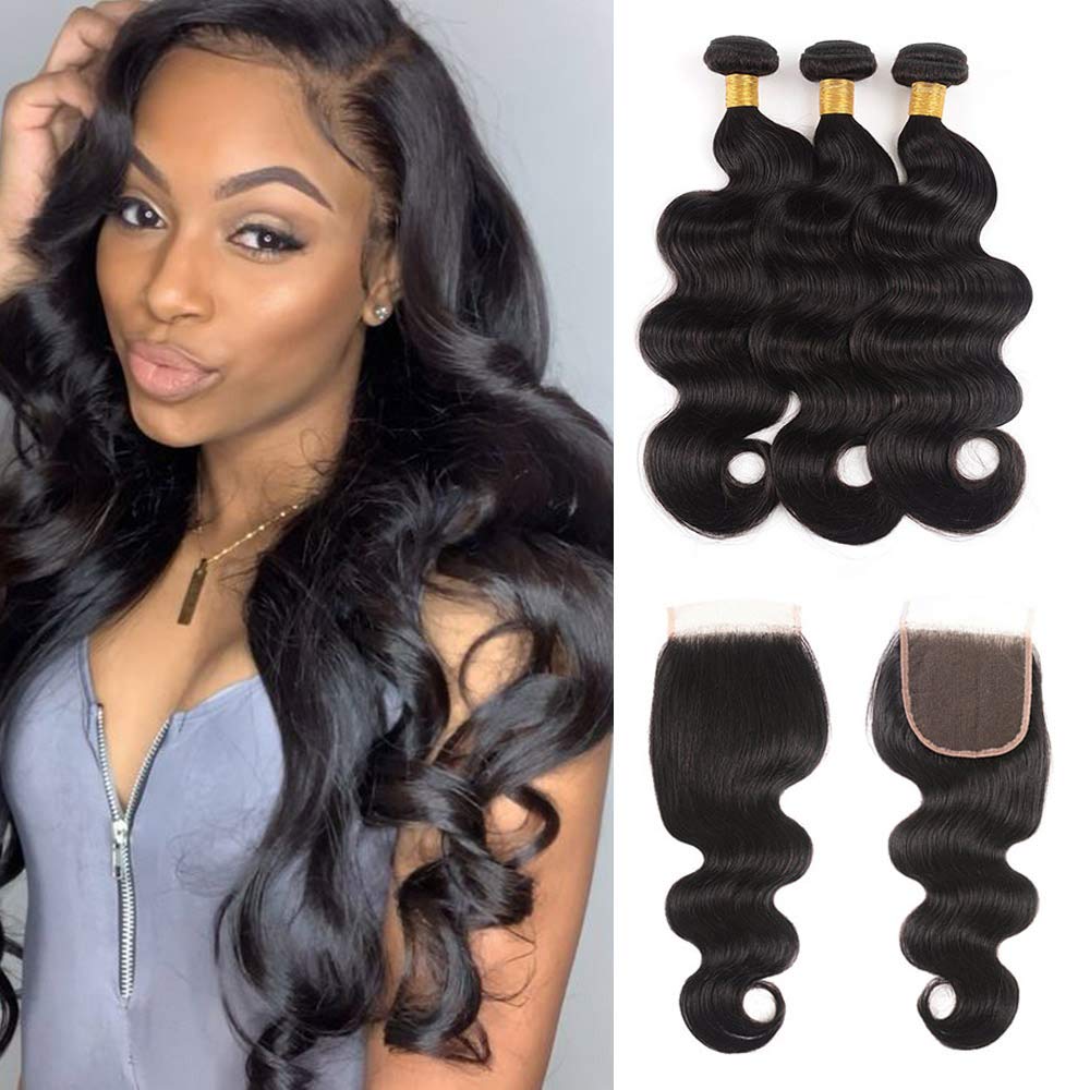 Aushow Brazilian Hair Body Wave Bundles 100% Unprocessed 3 Bundles with Closure 8A Virgin Human Hair 4x4 Lace Front Closure Free Part Natural Color Hair Extensions (22 24 26+20
