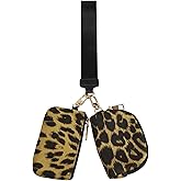 Keychain Wallet for Women - Leopard Print Mini Zip Around Wristlet with Detachable Dual Pouch & Coin Purse, Soft Warm Touch Fabric Small Portable Bag (Yellow)